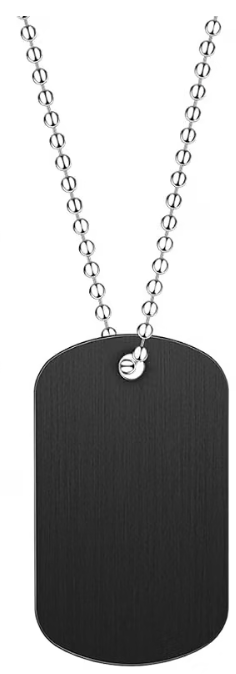 Blank black military-style dog tag necklace with silver ball chain