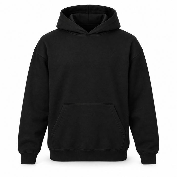 Blank black pullover hoodie for custom Toxic Iron design