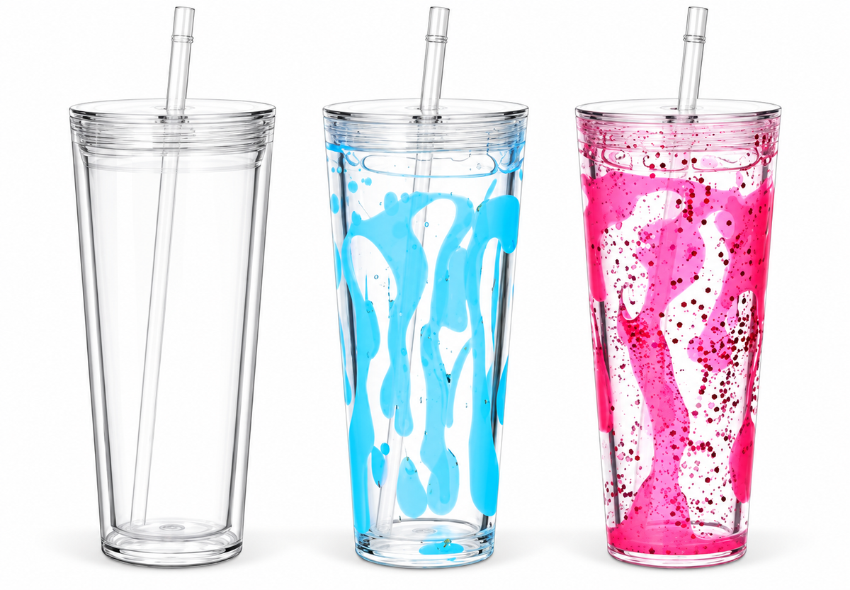 24 oz acrylic snow globe tumblers — clear, blue lava and pink glitter, front row
