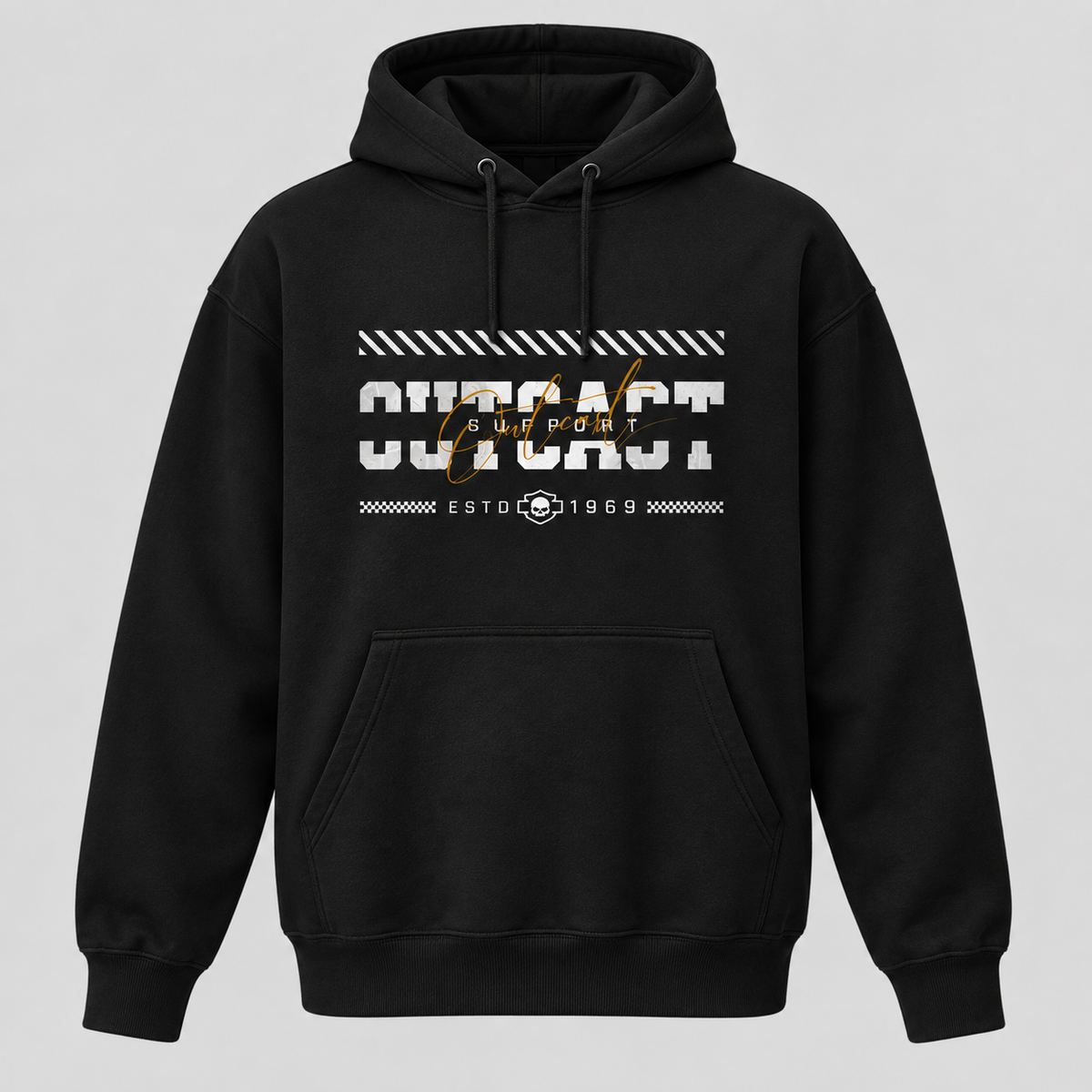 Outcast Cursive black pullover hoodie mockup