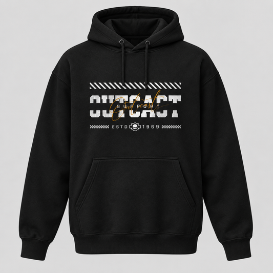 Outcast Cursive black pullover hoodie mockup
