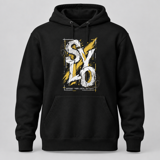 SYLO Yellow Bolt design on a black pullover hoodie