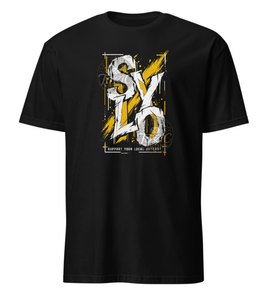 SYLO Yellow Bolt design on a black T-shirt